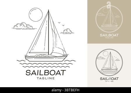 Elegantes Sailboat Line Art Logo schwimmt friedlich auf dem Meer. Stock Vektor