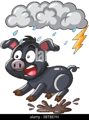 Ein verängstigtes Karikaturschwein läuft durch einen Sturm mit Regen und Blitz. Helle Farben und dynamische Komposition verbessern die Szene Stock Vektor