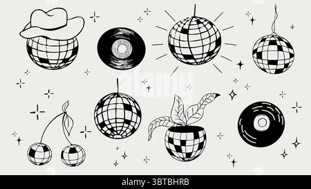 Discokugel y2k Junggesellinnentätowierung Skizze. Discokugel mit Hut, Vinyl, Kirschdisco-Set. Doodle glänzende Nachtleben Musik Illustration. Groovige 2000-Party. Vektorabbildung Stock Vektor