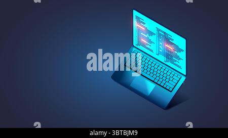 Software, Webentwicklung, Programmierkonzept. Abstrakte Programmiersprache und Programmcode auf dem Bildschirm-Laptop in isometrischer Form. Laptop auf einem Ständer für PR Stock Vektor