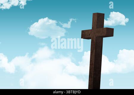 Dunkelbraunes Holzkreuz steht vor leuchtend blauem Himmel mit flauschigen weißen Wolken, flachem Design Stockfoto