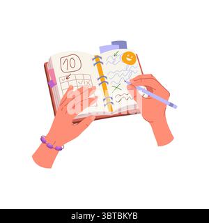 Vektorkalender mit Plan oder handgeschriebener Liste. Zeichentricksymbol für Zeitplan oder Zeitplan, Checkliste oder To-do-Aufzeichnung. Erinnerung oder Logbuch, Notizen oder Planer. Zeitachse für Schreiben, Planung, Vorbereitung. Stock Vektor