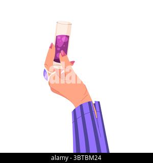 Vektor-Cocktailgetränk. Handfläche hält Glas Alkohol. Isoliertes Element für Nachtclub oder Sommerparty am Strand, Lounge. Feierlichkeiten und Feiertagsspaß, festlich. Shaker, Mocktail, Getränkemischung, exotische Flüssigkeit. Stock Vektor