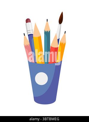 Plastikglas mit Bleistiften, Pinsel, Buntstifte Illustration. Flaches Design, Vektor-Zeichentricksymbol isoliert auf weißem Hintergrund. Bleistifthalter, Tischorganizer Stock Vektor