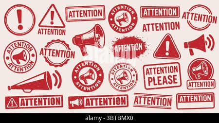 Achtung Megaphone Grunge Stempelvektorset. Achtung Megaphone Vintage Rubber Stamp Vorlagenkollektion. Achtung Briefmarkenpaket. Siegeln Sie Sich An. Vecto Stock Vektor