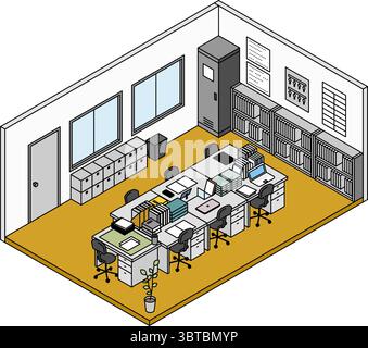 Einfache und niedliche isometrische Linienzeichnung Illustration eines Schulpersonalzimmers mit Lehrerpulten, Vektorillustration Stock Vektor