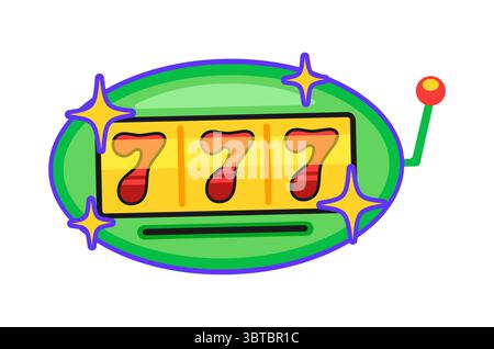 Spielautomat drei Seven Y2K groovy Sticker. Casino Jackpot 60er Jahre Vektor Patch, Glücksspiel Glück groovy Tag. Vegas Fortune Retro-Label oder Y2K-Aufkleber mit Spielautomat drei sieben Stock Vektor