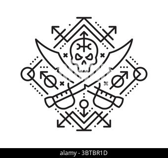 Piratenkreuz-Schwerter oder Säbel esoterisches Liniensymbol. Buccaneer segelt esoterischen linearen Vektordruck, Piraten-nautisches Tarot-Umrisssymbol. Corsair heiliges Tattoo mit Schneideschwertern und menschlichem Schädel Stock Vektor