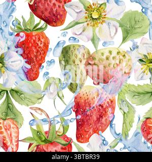 Erdbeerbeeren lassen Blumen fliegen in Tautropfen, Eiswürfel, Wasserspritzer. Reifer Sommergarten Wald Strasberry Hand gezeichnet in Aquarell Stockfoto