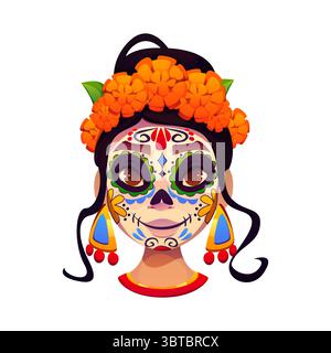Das Porträt der „Day of the Dead“-Frau mit dem Sugar-Schädel-Make-up repräsentiert die mexikanische Kultur, das Erbe und die Feier der Vorfahren. Weibliche Cartoon-Figur mit DIA de los Muertos-Muster Stock Vektor