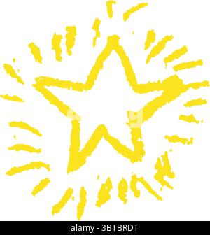 Niedlicher Buntstift-Stern-Vektor. Gelber Wachsstift Handskizze mit rauer Textur und kindlichem, unregelmäßigem Stil. Kritzele-Symbol für Glanz oder Glanz. Vektor Stock Vektor