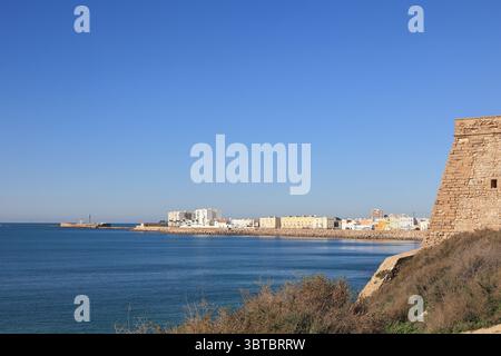 Der Blick entlang der Uferpromenade in der spanischen Stadt Cadiz. Der Blick ist vom Paseo Martimo de Cdiz, einer Uferpromenade. Stockfoto