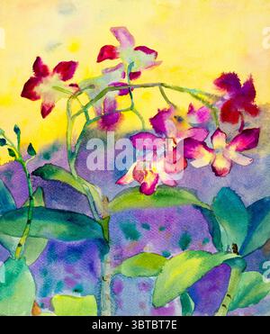 Abstrakte Landschaft Blumen Aquarellmalerei auf Papier Original bunt von Orchideenblumen im Himmel und Wolkenhintergrund Stockfoto