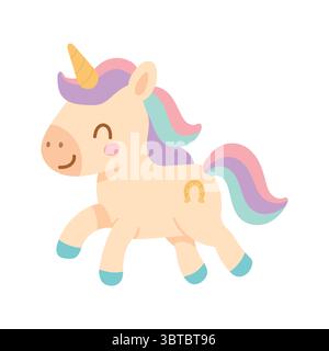 Niedliches Pastelleinförn mit Regenbogenmähne, goldenem Hufeisen und Happy Lächeln. Perfekt für Kinderdesigns, Fantasy-Themen und magischen Charakter Stock Vektor