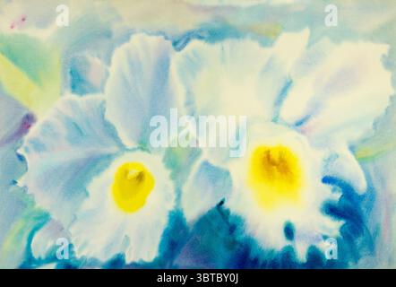 Abstrakte Blume Landschaft Malerei Aquarell Original der weißen Orchideenblume und Emotion weich im Himmel Hintergrund. Stockfoto
