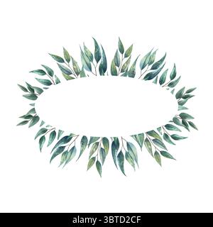 Aquarellovaler Rahmen mit Eukalyptuszweigen mit grünen langen Blättern. Handgemalte botanische Illustration isoliert auf weißem Hintergrund. Für Hochzeitseinladungen, Grußkarten mit Blumenmuster, Branding. Stockfoto