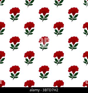 Nahtloses Vektormuster von stilisierten purpurroten Celosia-Blüten mit dunkelgrünen Blättern auf weißem Hintergrund, ideal für Textildrucke oder Tapeten. Stock Vektor