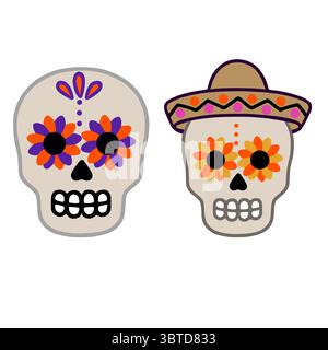 Eine Vektor-Illustration mit zwei stilisierten Zuckerschädeln, einer mit einem Sombrero verziert, zeigt leuchtende orange, lila und gelbe Blumenmuster A Stock Vektor