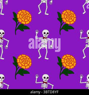 Festlicher Tag des Todes nahtloses Muster mit tanzenden Skeletten, die Schleifen und leuchtende Ringelblumen auf einem lila Hintergrund tragen. Stock Vektor