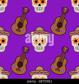 Lebendiges nahtloses Vektor-Muster mit Day of the Dead Zuckerschädel, die mit Sonnenblumen verziert sind, Sombreros tragen und von braunen Ukulelen begleitet werden Stock Vektor