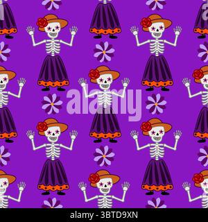 Nahtloses Vektormuster mit fröhlichen Calavera Catrina Skeletten in leuchtenden lila Kleidern, orangen Hüten mit roten Rosen und winkenden Händen, Stock Vektor