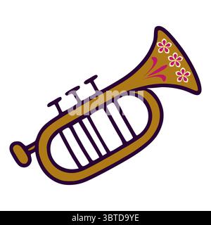 Eine Vektor-Illustration einer goldenen Trompete, die mit rosa Blumen verziert ist, zeigt ein lebendiges und festliches Design, das perfekt für Feiern und Musizieren geeignet ist Stock Vektor