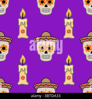 Festlicher Tag der Toten Vektor nahtloses Muster: Leuchtender lila Hintergrund mit sich wiederholenden Zuckerschädeln, die Sombreros tragen, mit Sonnenblumen geschmückt, und Stock Vektor