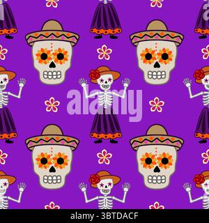 Festlicher Tag des Todes nahtloses Muster mit Zuckerschädeln, Skeletten in traditionellen Outfits und lebendigen Blumen auf lila Hintergrund. Stock Vektor