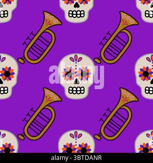 Lebendiges, nahtloses Vektor-Muster mit kunstvollen Zuckerschädeln und goldenen Trompeten, ideal für Feierlichkeiten zum Tag der Toten oder festliche Designs. Stock Vektor
