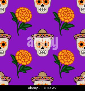 Festlicher Tag des Todes nahtloses Muster mit Zuckerschädeln, die Sombreros tragen und leuchtende Ringelblumen auf einem satten lila Hintergrund, perfekt Stock Vektor