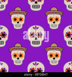 Lebendiges, nahtloses Vektor-Muster mit Day of the Dead Sugar Skulls in Sombreros, verziert mit orangen und lila Blumenmustern auf einem satten lila Ba Stock Vektor