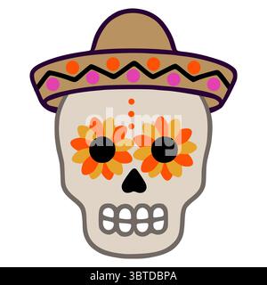 Festliche Vektor-Illustration eines Tages des toten Schädels, der einen Sombrero trägt, verziert mit leuchtenden orangen und gelben floralen Augen Designs, perfekt für Cello Stock Vektor