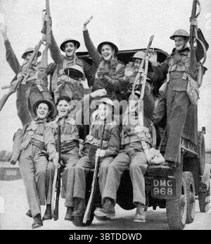 1939 wie 1914 lautet das Motto der britischen Armee Tails Up. Diese jungen Männer, die eine fröhliche Fahrt auf einem ArmeelKW machen, sind typisch für die Armee heute. Regelmäßige Soldaten der Friedensarmee, Territoriale, darunter viele Männer, die im letzten Krieg gedient haben, und Milizionäre - alle haben zu Hause und in Frankreich einen ausgezeichneten Eindruck hinterlassen und bewiesen, dass sie würdige Nachfolger der Männer von 1914 - 1918 sind. 1939 Band 1, Seite129 Stockfoto