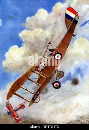 Hundeschlacht im Ersten Weltkrieg. Ein britisches Flugzeug jagt das deutsche Albatross-Flugzeug aus den Wolken, gezeichnet von G H Davis Stockfoto