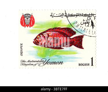 Eine alte Briefmarke aus dem Jemen, isoliert auf weißem Hintergrund. Stockfoto