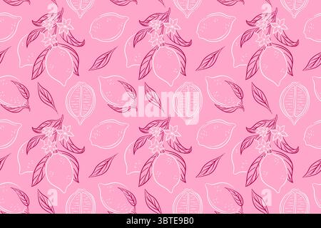 Nahtloses Muster von Zitrone mit Blatt und Blume in handgezeichnetem Stil auf rosa Hintergrund. Perfekt für Sommerverpackungen, Küchentextilien oder Zitrusfrüchte Stock Vektor