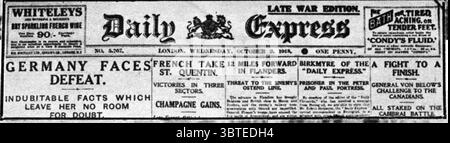 Erster Weltkrieg Schlagzeilen aus dem Daily Express: Deutschland steht vor Niederlage am 2. Oktober 1918 Stockfoto