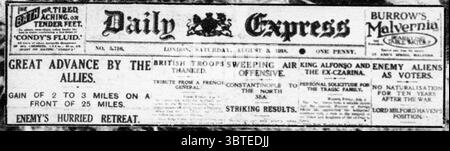 Erster Weltkrieg Schlagzeilen aus dem Daily Express: Großer Vormarsch der Alliierten 3. August 1918 Stockfoto