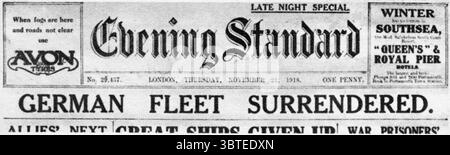 Erster Weltkrieg Schlagzeilen aus dem Abendstandard: Deutsche Flotte kapitulierte am 21. November 1918 Stockfoto