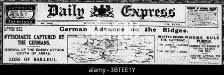 Erster Weltkrieg Schlagzeilen aus dem Daily Express: Deutscher Vormarsch auf den Rippen 17. April 1918 Stockfoto