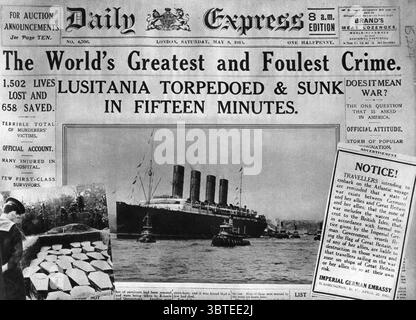 Erster Weltkrieg Schlagzeilen des Daily Express : das größte und schlimmste Verbrechen der Welt - Lusitania wurde in 15 Minuten torpediert und versenkt . Mit Einlage eines Massensärges und einer Warnmeldung der Kaiserlichen Deutschen Botschaft in Washington DC, USA, 8. Mai 1915 Stockfoto