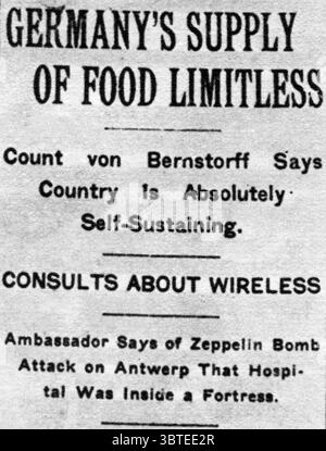 Erster Weltkrieg Schlagzeilen aus der Zeitung : Deutschlands Angebot an Nahrungsmitteln grenzenlos; Graf von Bernstorff sagt, das Land sei absolut selbsttragend Stockfoto