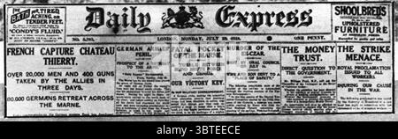 Erster Weltkrieg Schlagzeilen aus dem Daily Express: Französisches Capture Chateau Thierry 22. Juli 1918 Stockfoto
