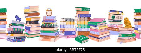 Nahtloser Rand mit Stapeln verschiedener Bücher. Stock Vektor