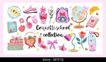 Trendiger Coquette-Schulvektor in Dopamin-Pastellpalette mit mädchenhaften Schreibwaren, Bögen, Büchern, Snacks und traumhaften Back-to-School-Vibes für Planer Stock Vektor