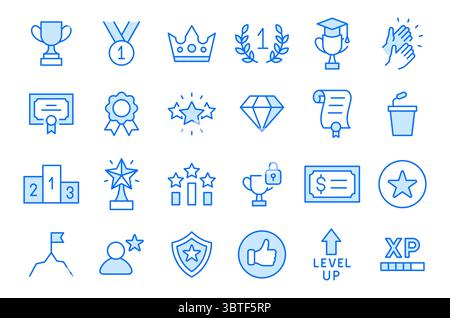 Symbolgruppe für Prämienlinie und Anerkennungslinie. Trophäe, Medaille, Krone, Zertifikat, Podium minimale Vektor-Illustrationen. Einfache Zeichen für Erfolg und Stock Vektor