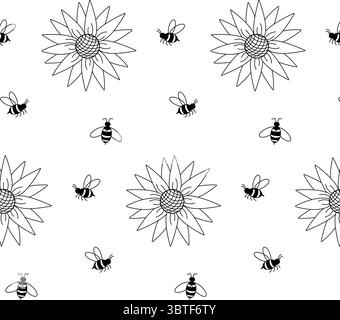 Sonnenblumen und Bienen nahtloses Muster. Vektorgrafik-Strichdarstellung. Sonnenblumen, Bienen und Marienkäfer. Perfekt für Karten, Dekorationen, Aufkleber, Logo, Stock Vektor
