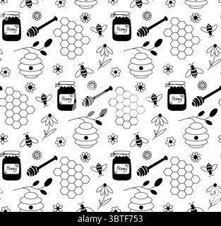 Honig, Bienen und Waben, nahtloses Blumenmuster. Vektorgrafik-Strichdarstellung. Silhouettenzeichen für Logo, Druck, Comics, Mode, Pop Art, Eber Stock Vektor