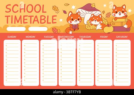 Schulplan mit Fuchs. Lustige Zeitplanvorlage für Kinder, Herbstwochenplaner Design, niedliche rothaarige flauschige Tiere, kindliches Poster, Zeichentrickmaskottchen Stock Vektor