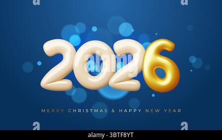 Neujahrsgrußkarte. Cartoon 3d Zahlen, 2026 Feiertagsgratulieren, pralle voluminöse Formen, Zahlen zählen, Weihnachtsbanner Design, weihnachten Stock Vektor
